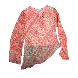 Y2K Amy Byer Sheer Asymmetrical Top Girls Size XL (16) Floral Paisley Pink Fairy